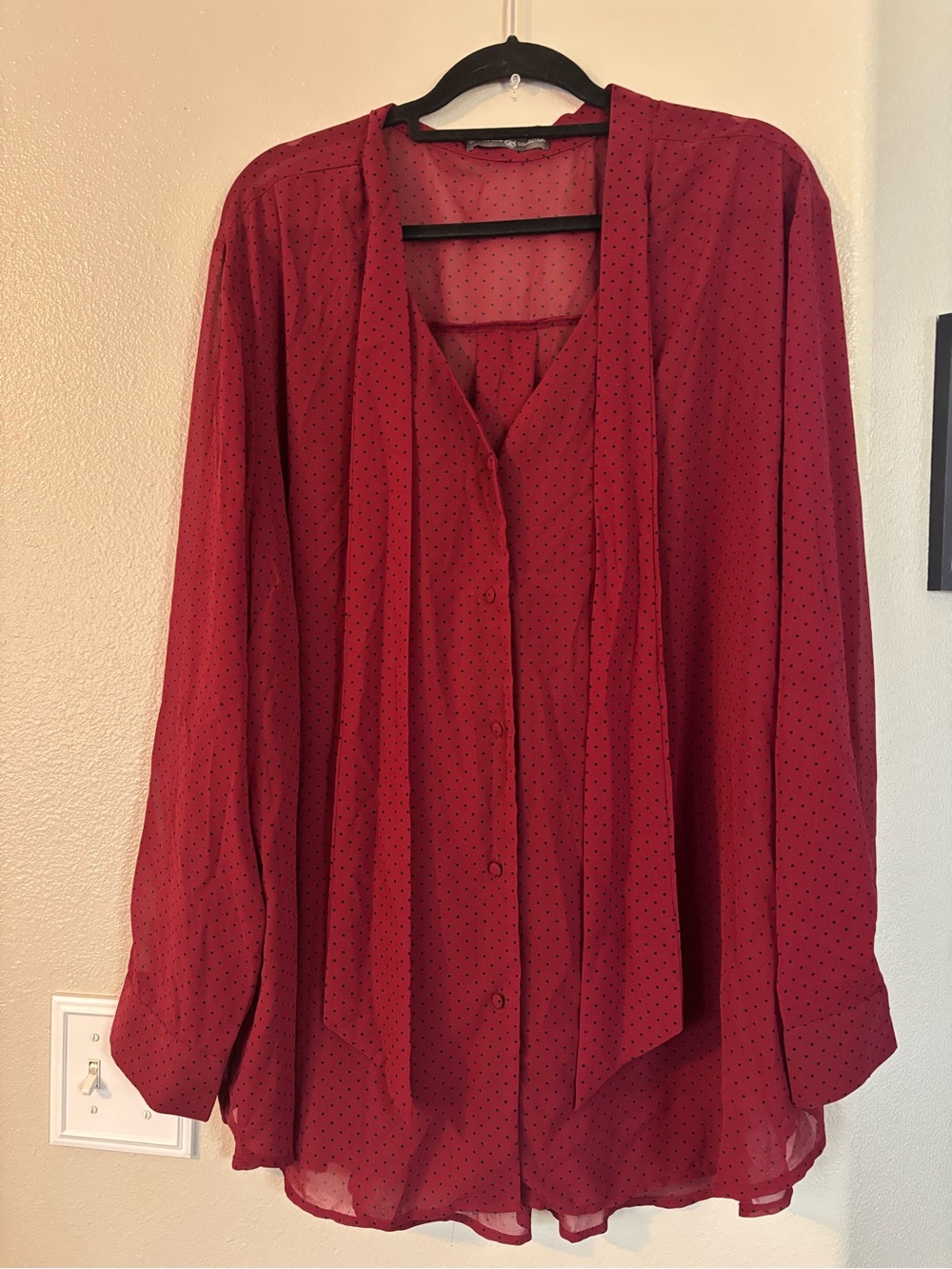 Signature Collection Burgundy Polka Dot Tie Neck Blouse Plus Size 3X
